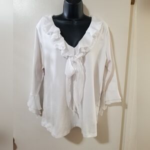 Jones New York White Ruffle Tie-Neck Blouse